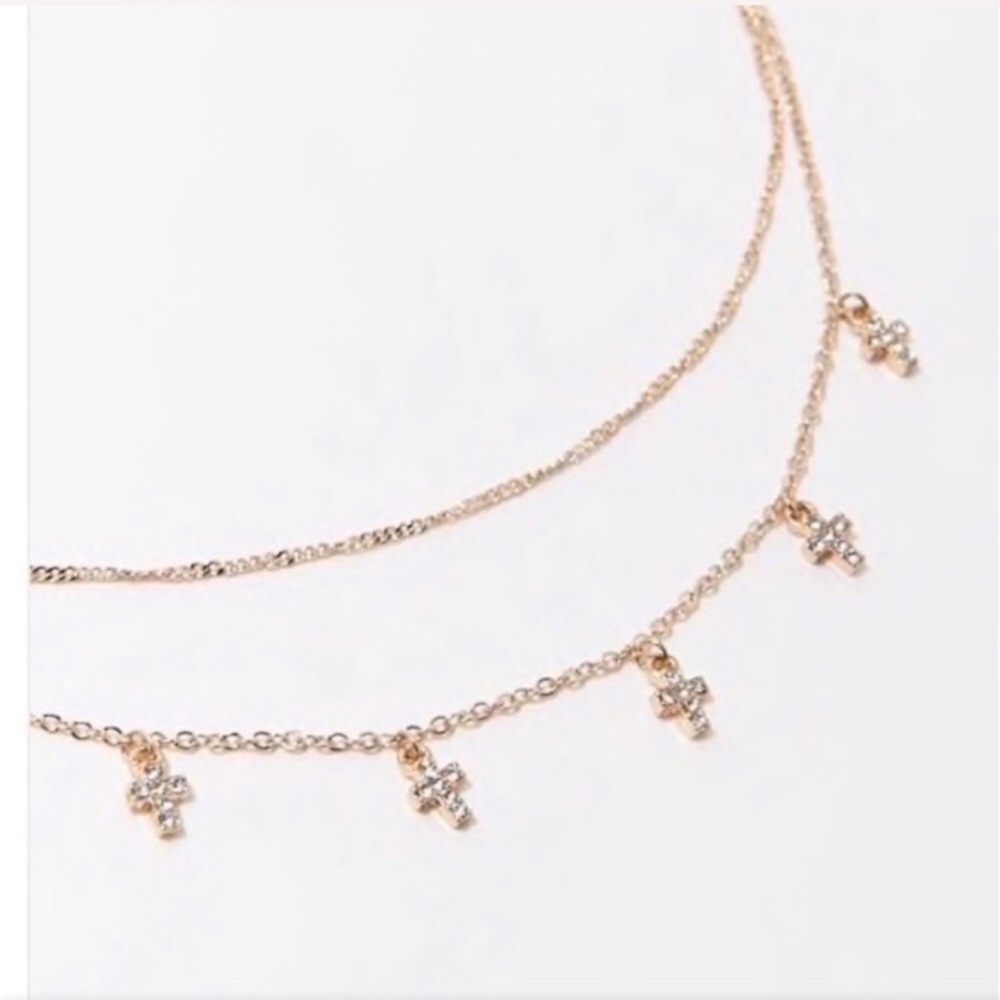 Charm Cross Double Chain Necklace Rhinestone - Picture 5 of 12